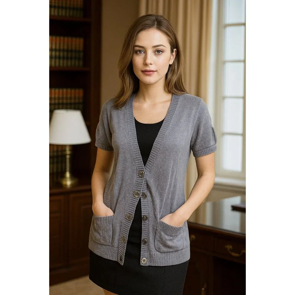 Michael Kors Med Cardigan Button Sweater Oversized Patch Pocket Lambswool Cotton